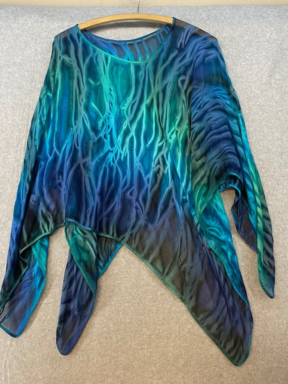 Silk Art To Wear Shawl • Glowing Blue Green Abstract Pattern Asymetrical